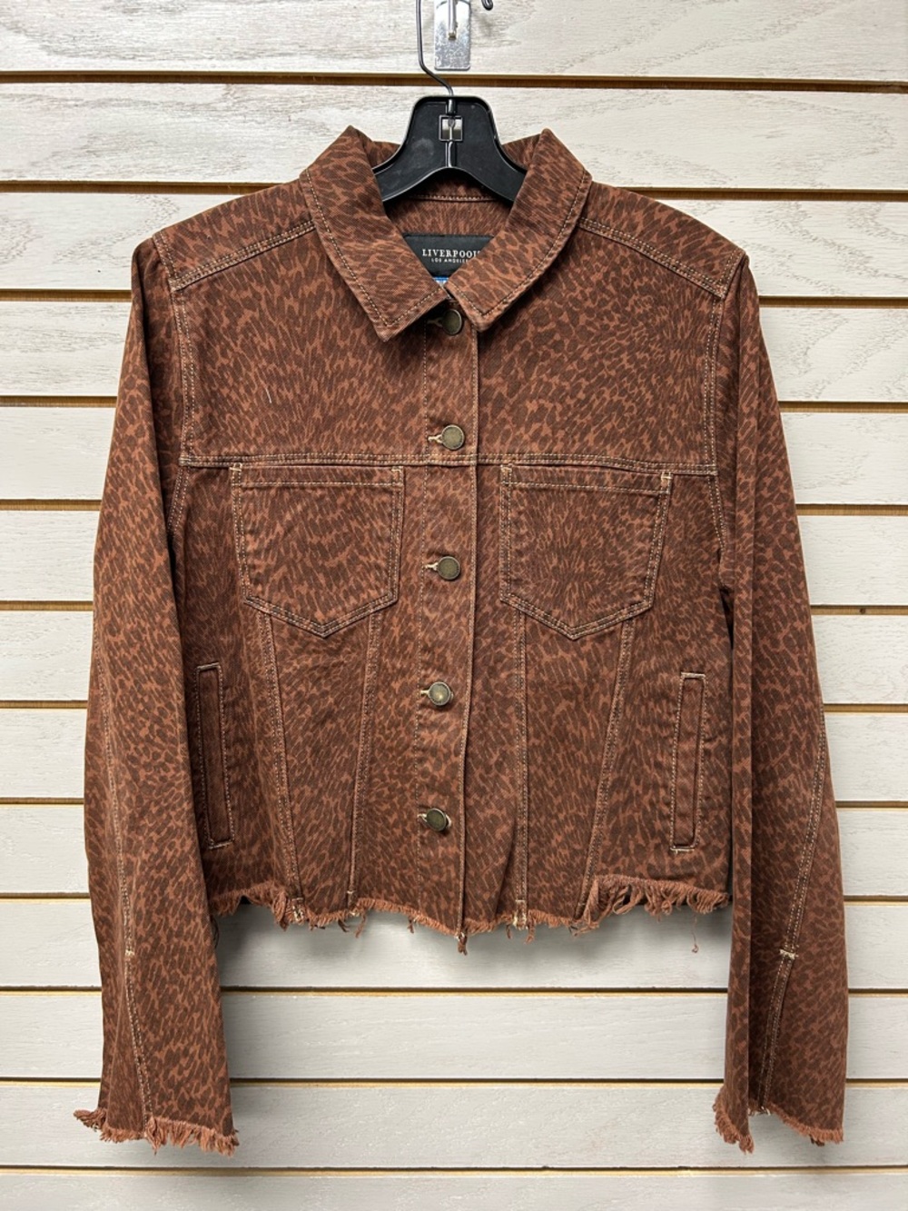 Liverpool Brown Printed Crop Denim Jacket with Frayed Hem